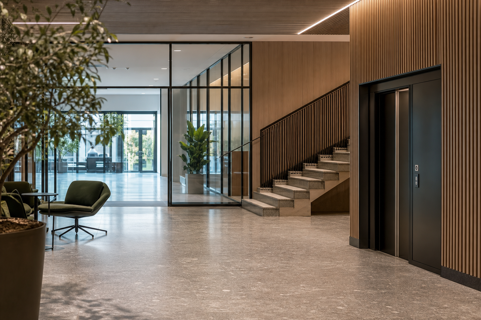 Moderne fellesareal i et kontorbygg